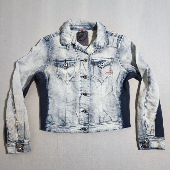 Parasuco jean jacket crop women's sz M hard washed denim blue distressed design - Picture 1 of 11